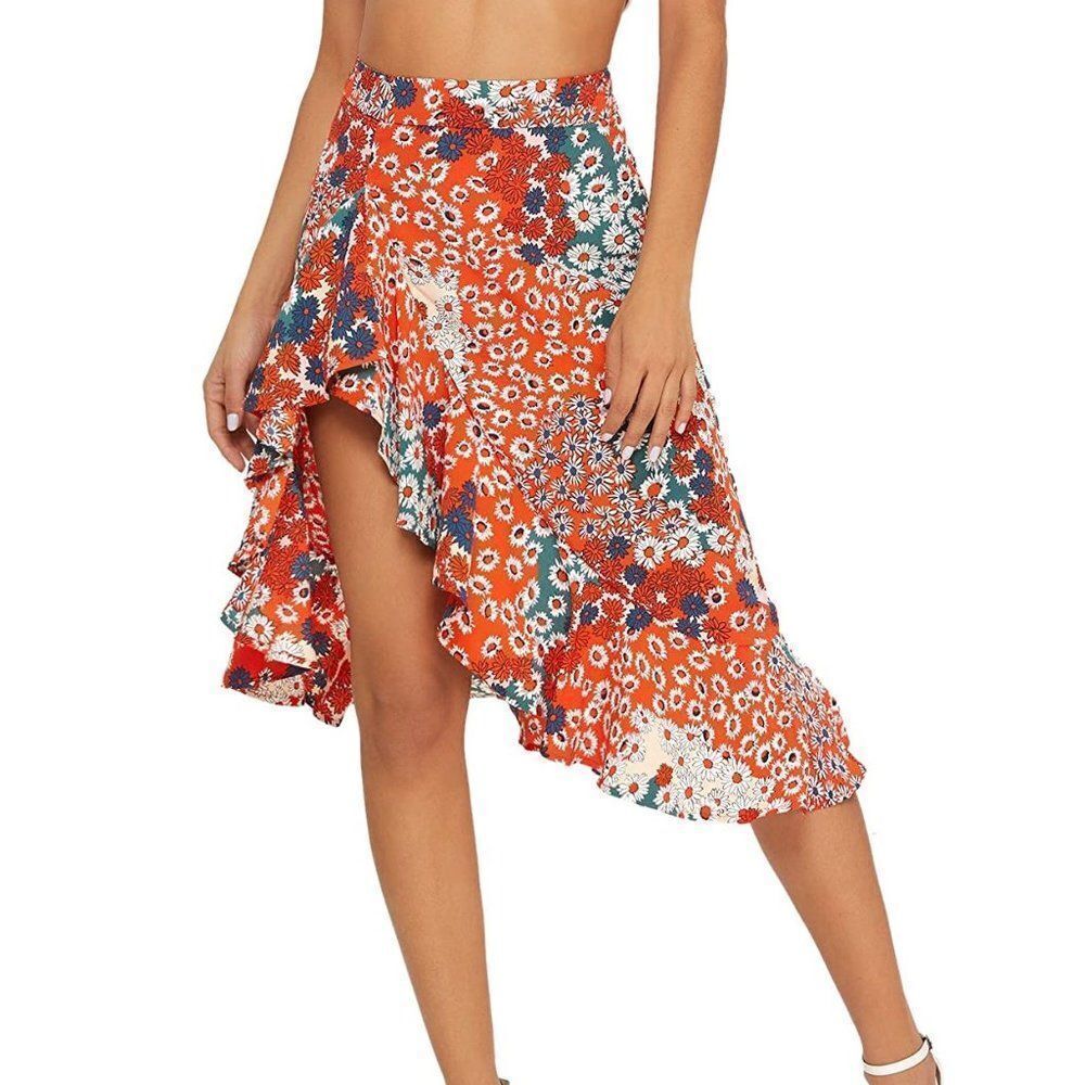 Women's Ruffle Trim High Split Printed Skirt- Size Medium